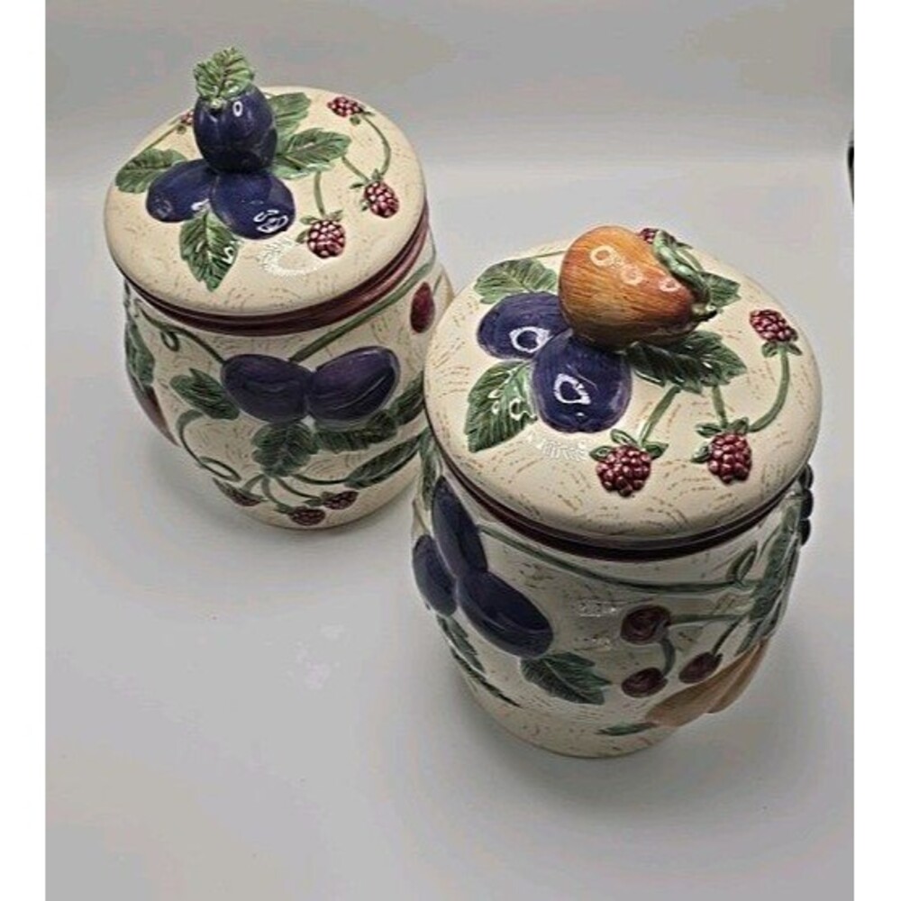 Noble Excellence Napa Valley Ceramic Fruit Canister Set 2 w/Lids Tuscan Farmhoue